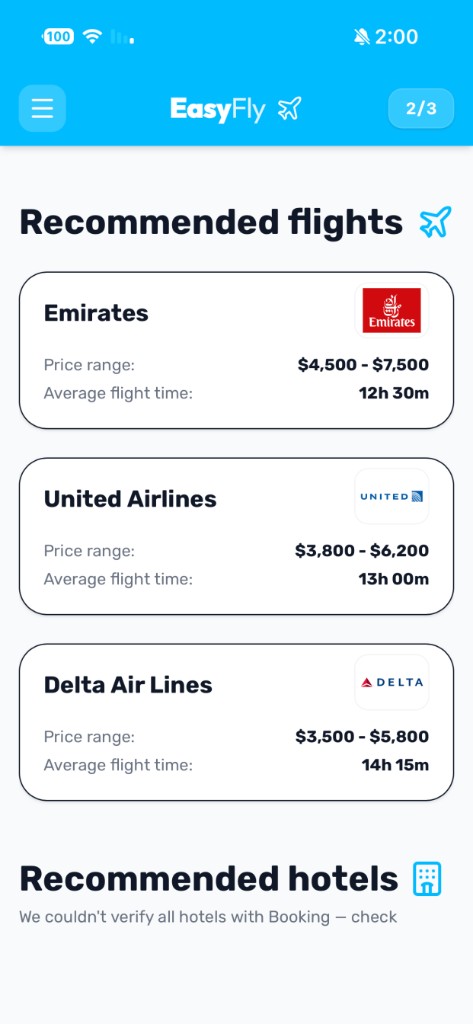 Recommended flights and hotels
