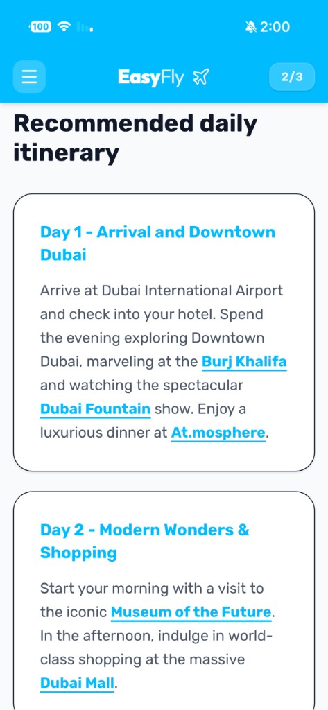 Daily itinerary